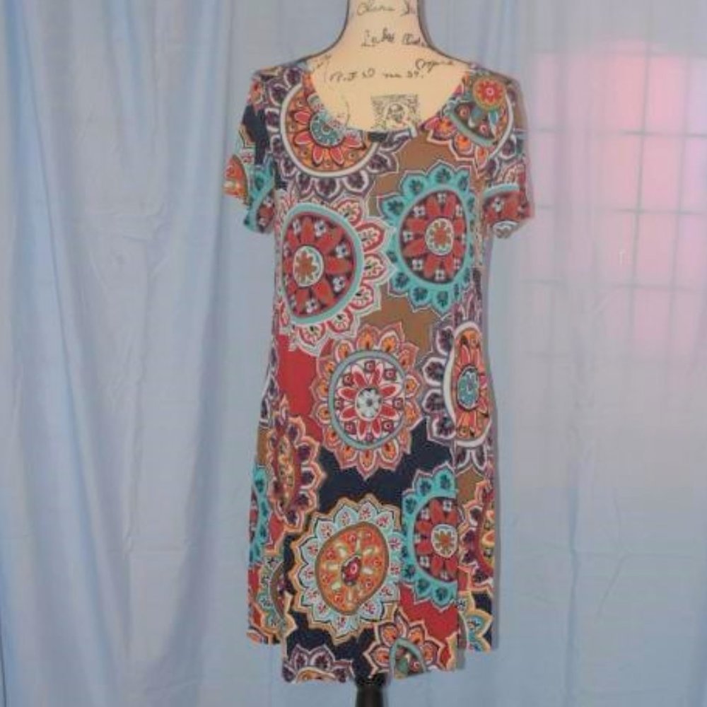 Korsis Geometric Mandala Colorful Mini Dress L Dark Maxi Short-Sleeve Pockets